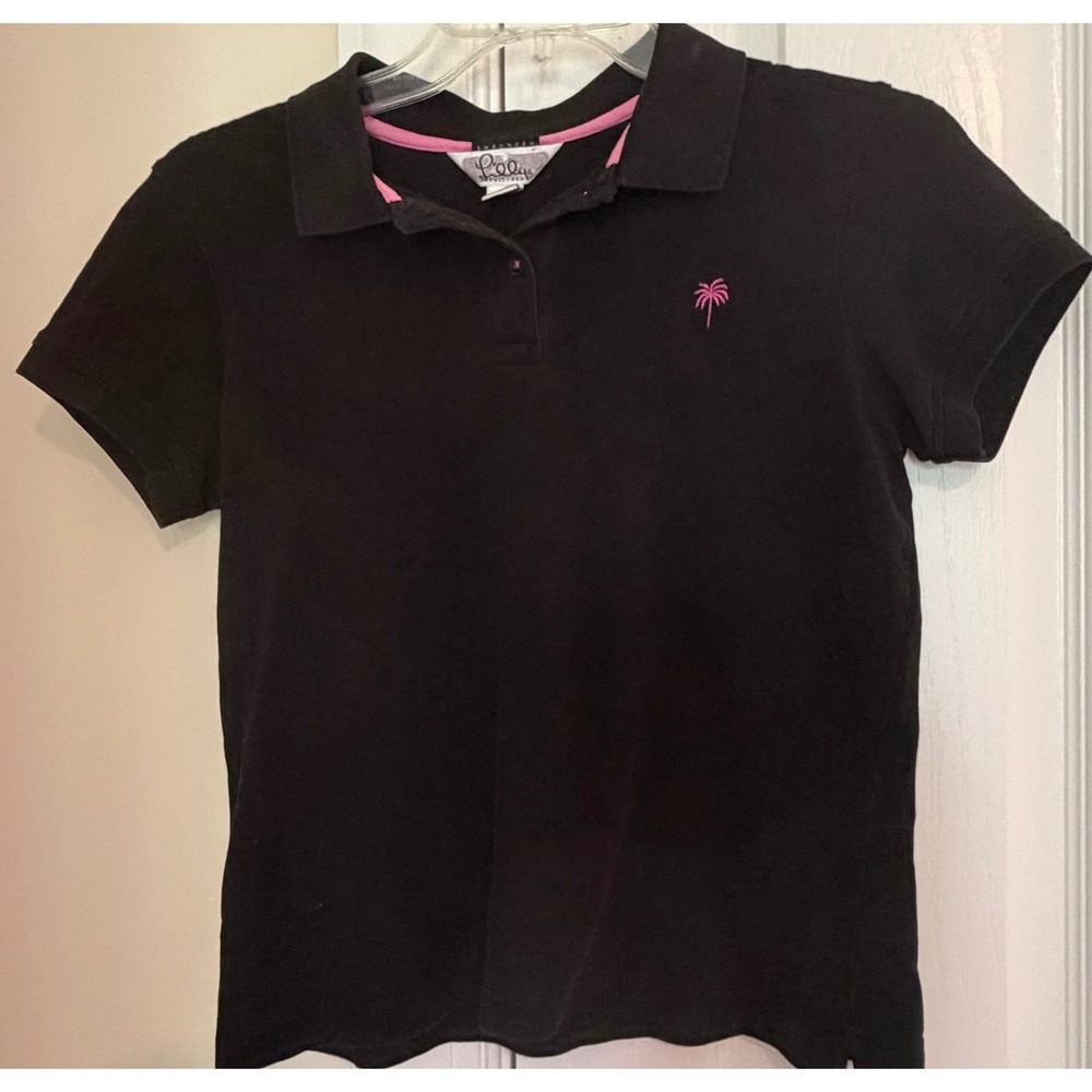 Lilly‎ Pulitzer  Polo Shirt Black Pink Palm Tree Embroidered Pima Cotton S